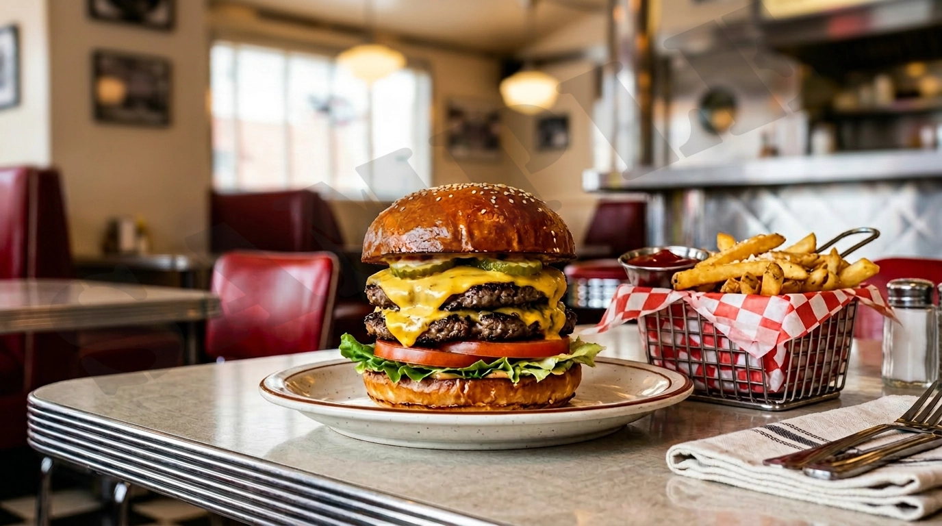 Featured burger and fries at Clocked